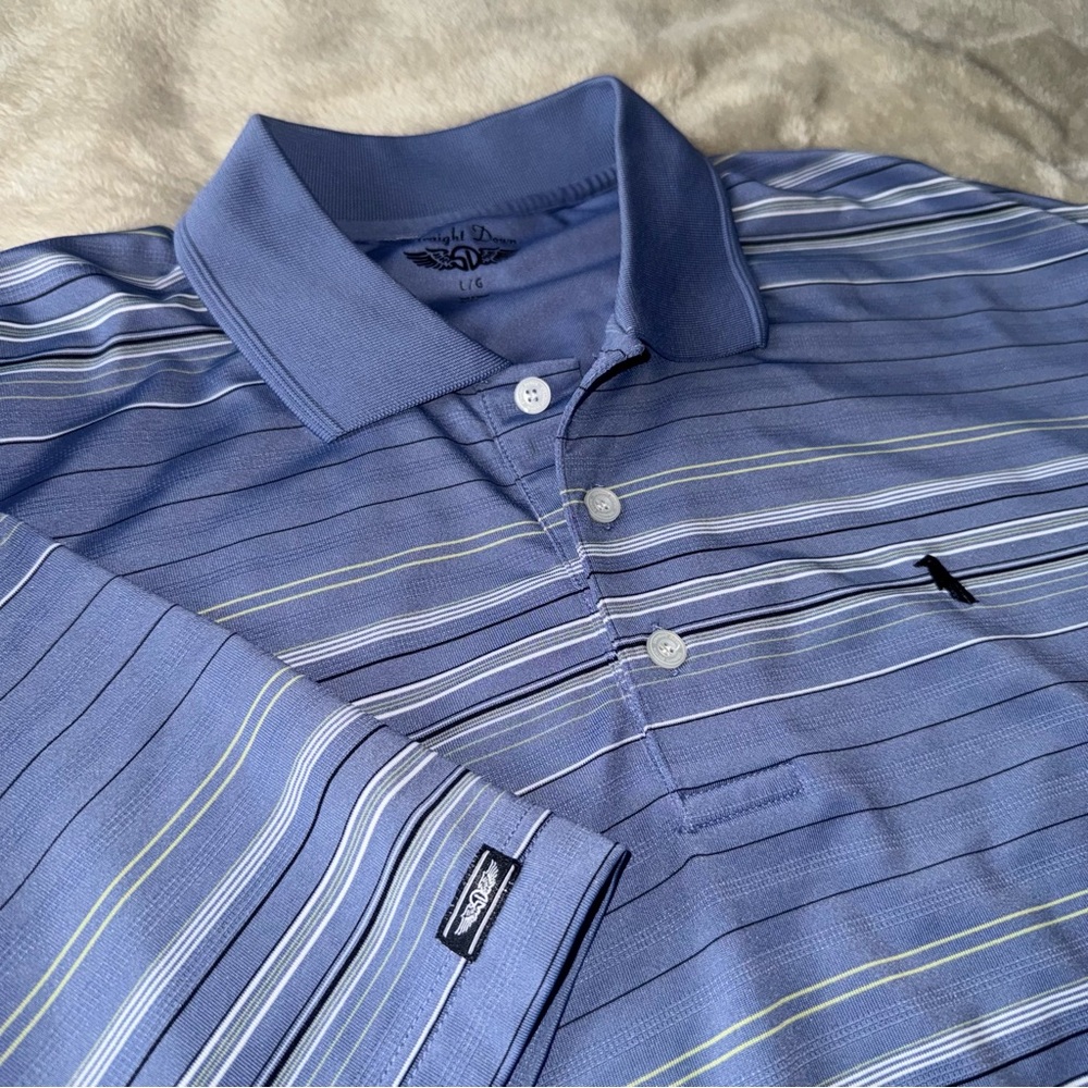 STRAIGHT DOWN Men’s Golf Polo Large Pastel Blue Striped Performance Short Sleeve